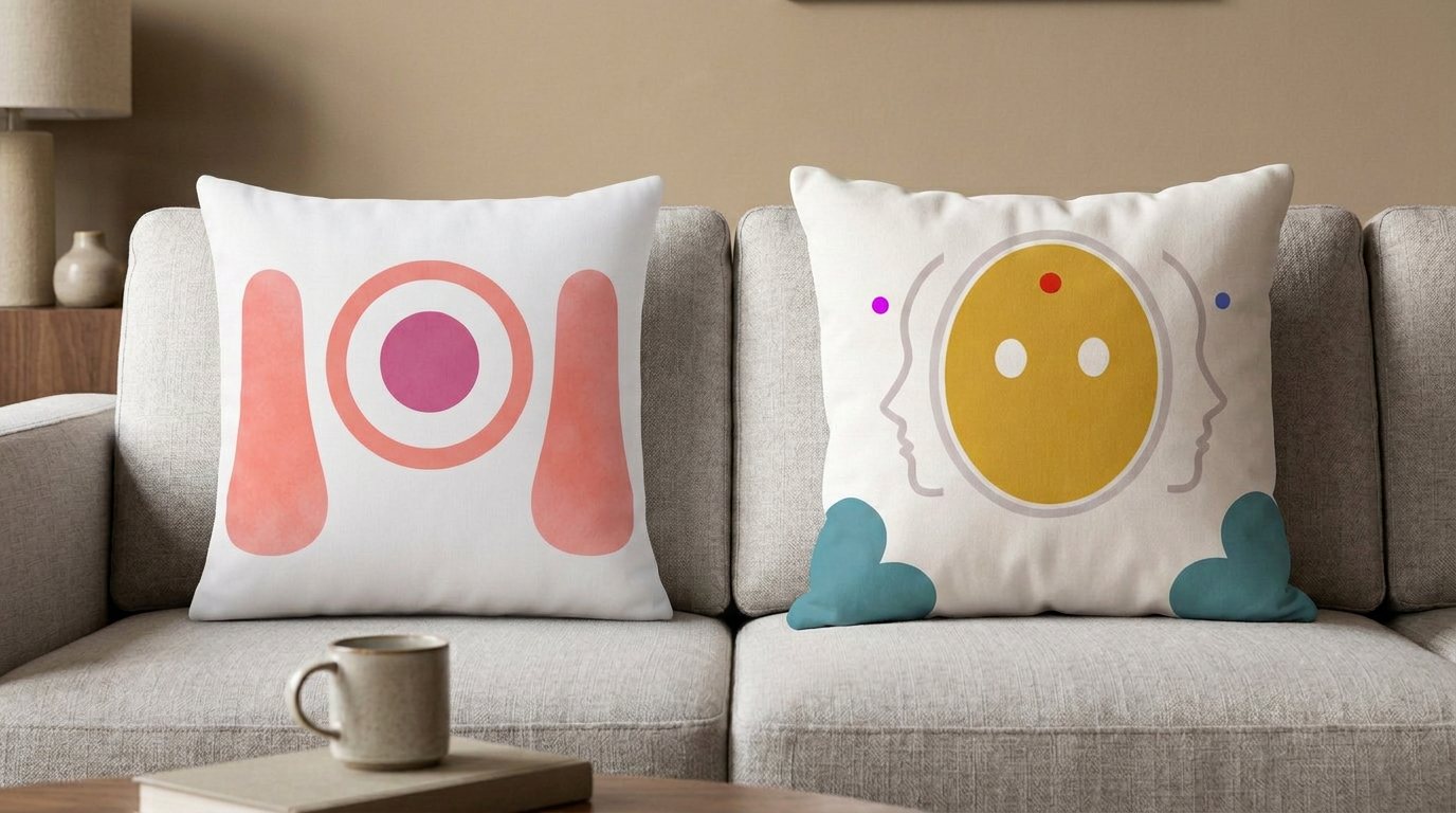 Las dos caras de la almohada Zeøna sobre el sofá: el reverso con la diana y las bandas, y el anverso con el óvalo y los corazones