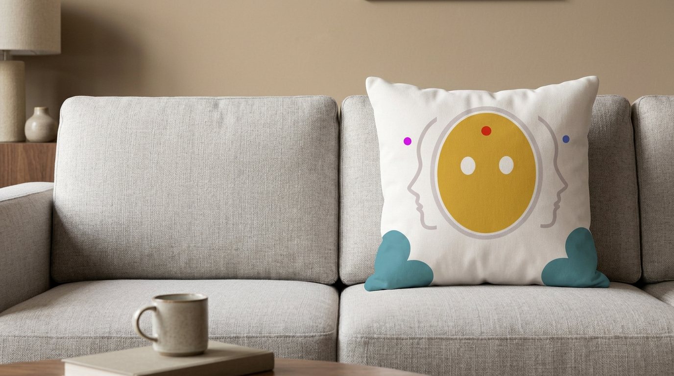 Almohada Essential sobre un sofá gris en un salón cálido, con sus zonas funcionales señaladas