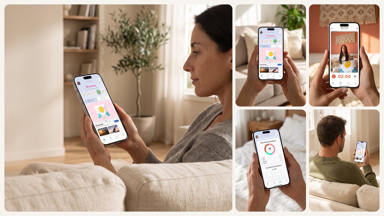 Mujer usando la App de Zeøna en el sofá: registro de ánimo, sesión guiada y estadísticas
