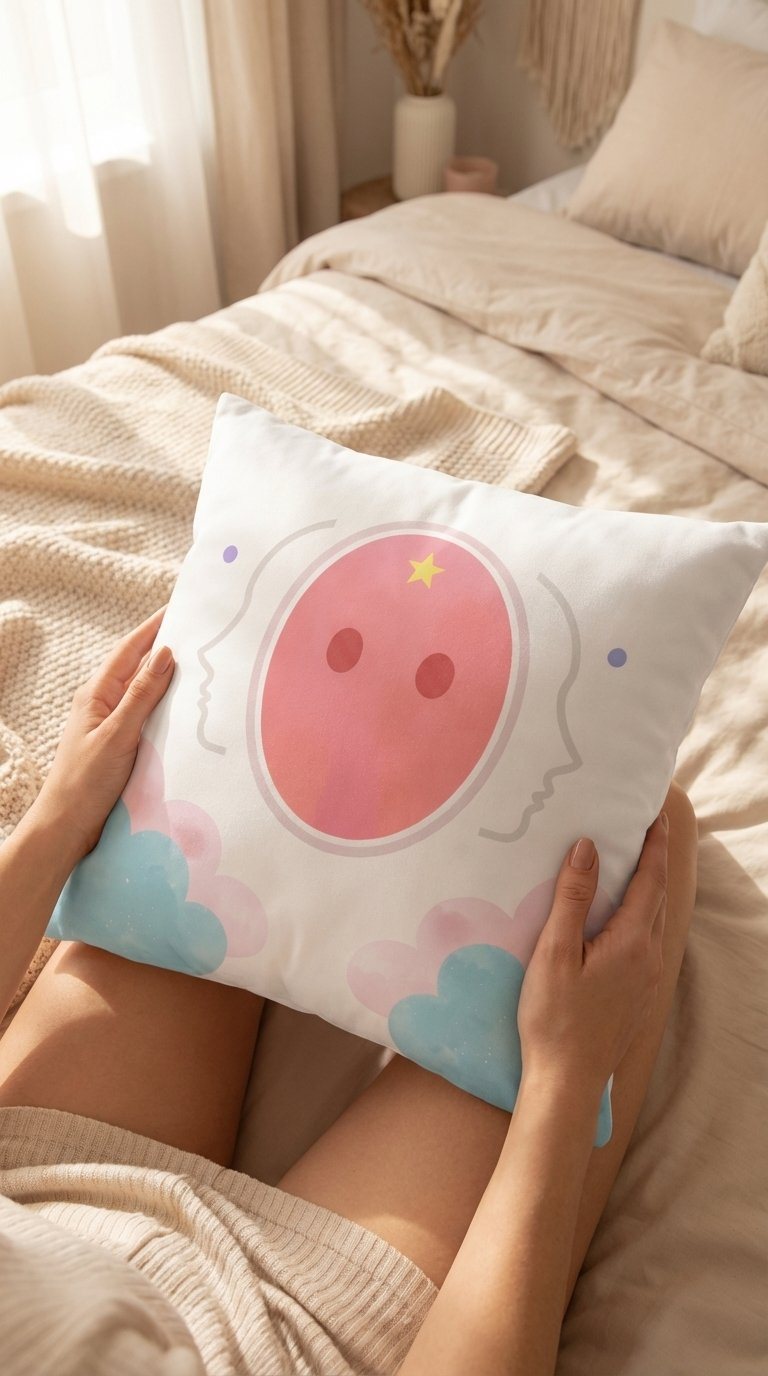Unas manos sostienen la Almohada Aura sobre una cama, durante un ritual