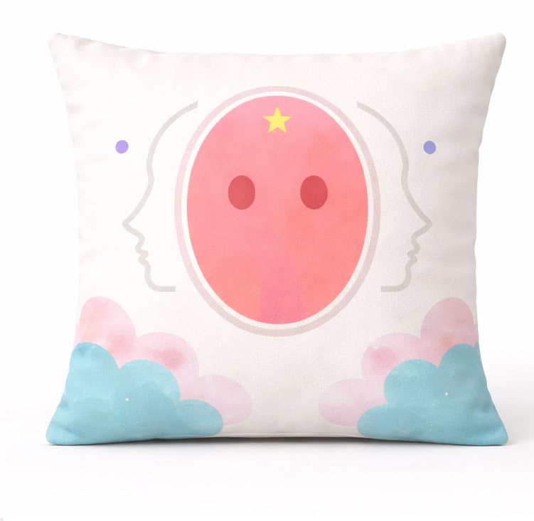 Almohada Aura de Zeøna: óvalo acuarela coral con estrella entre dos perfiles y nubes pastel