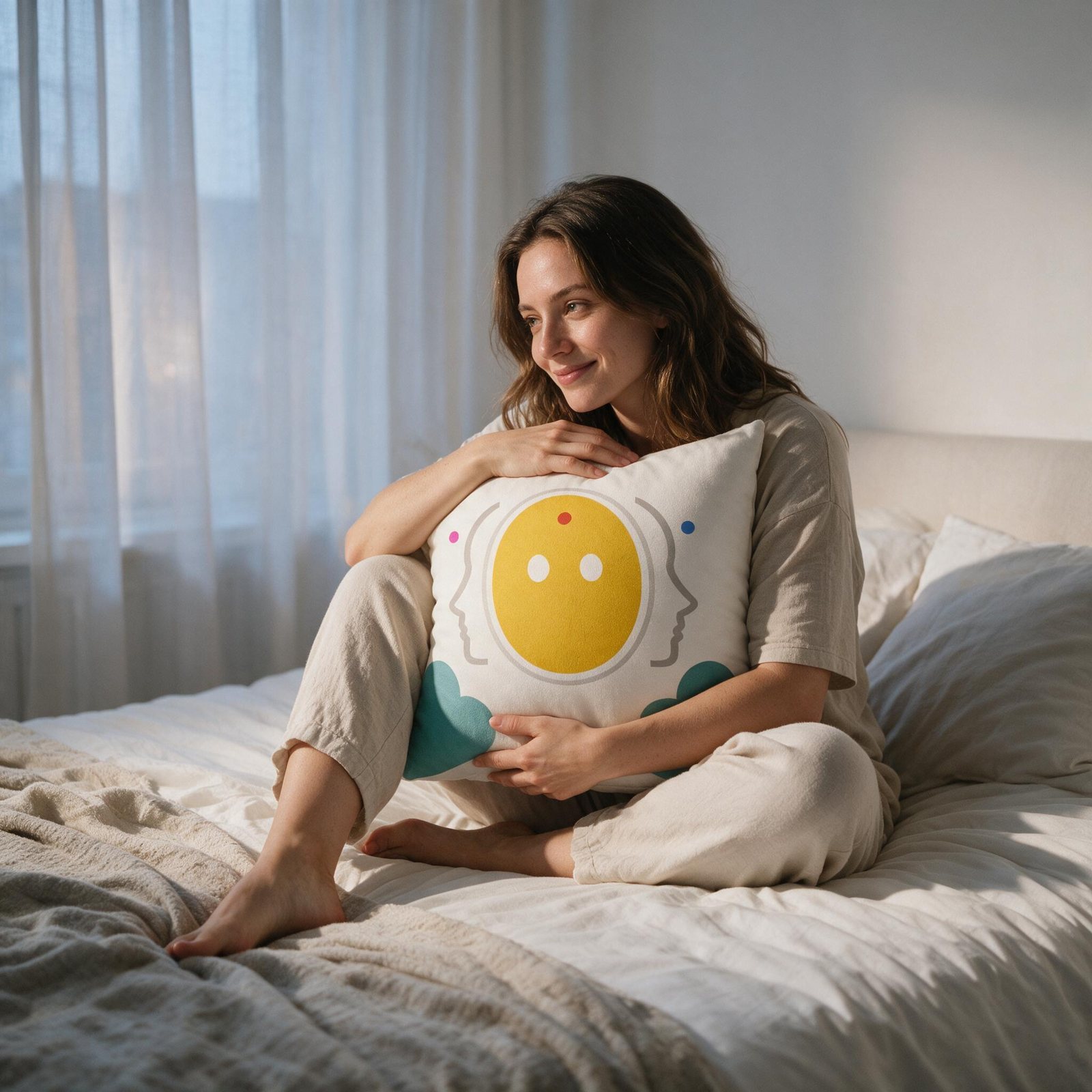 Una mujer sentada en su cama abraza la Almohada Essential con una sonrisa tranquila