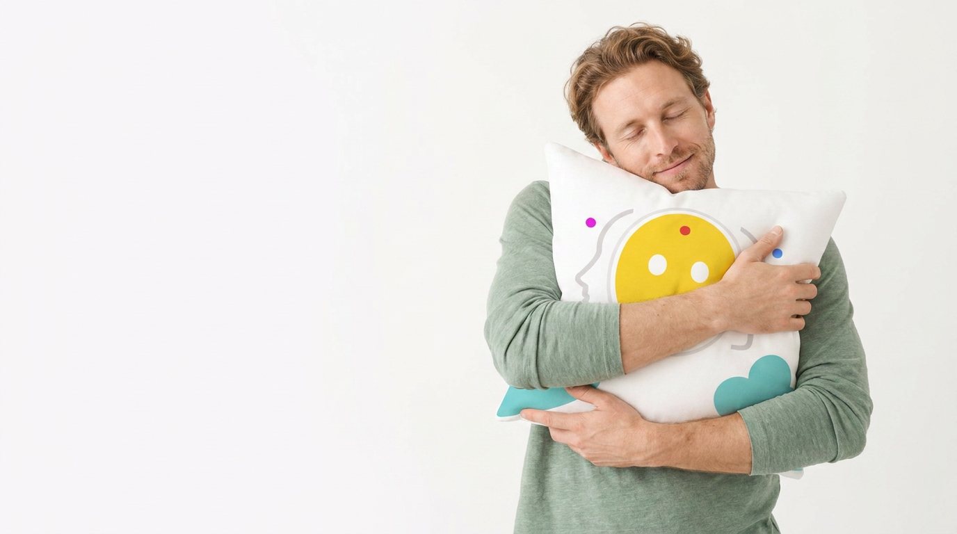 Hombre abrazando la Almohada Essential de Zeøna con los ojos cerrados