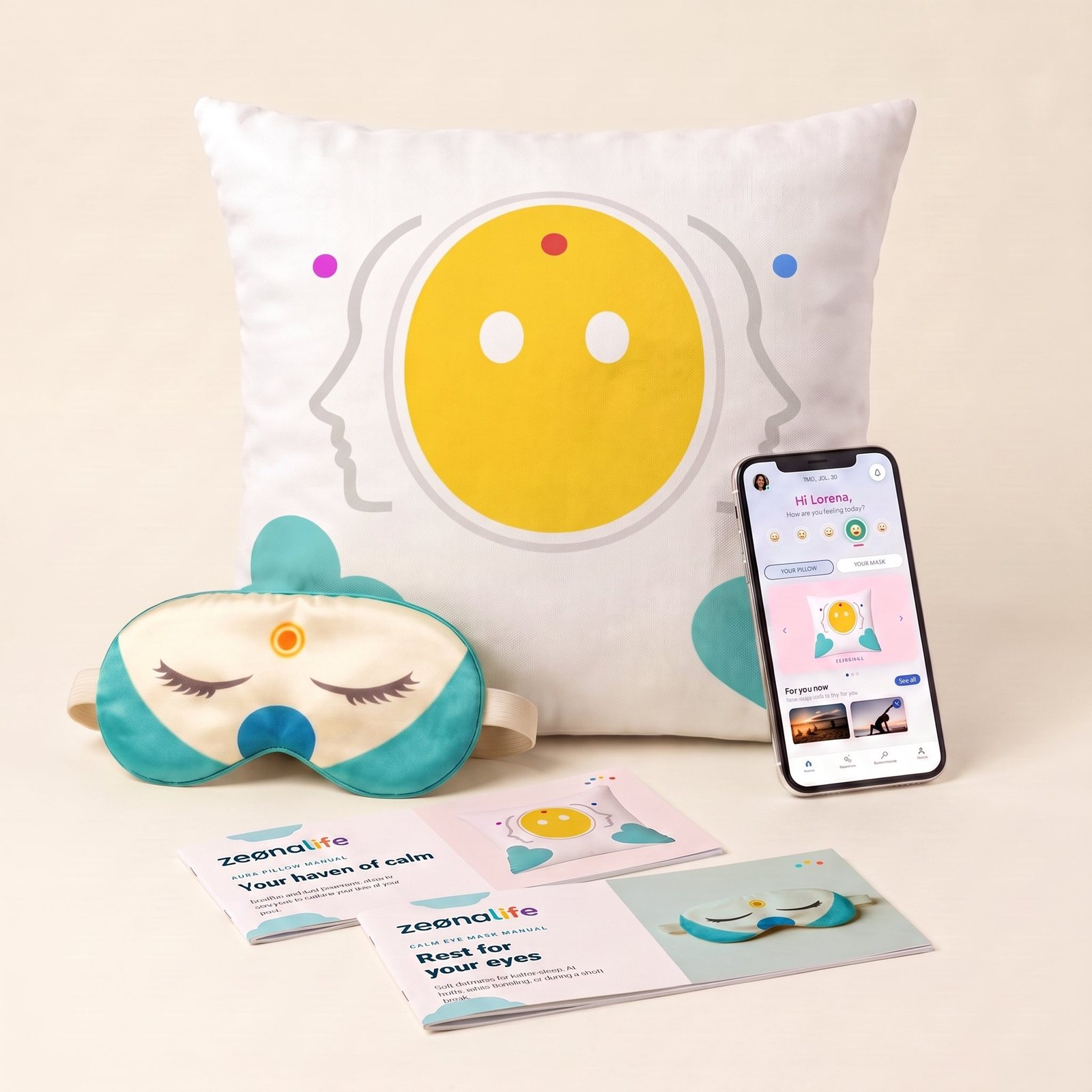 Contenido del Pack Essential: almohada, antifaz, manuales en papel y la App en un móvil