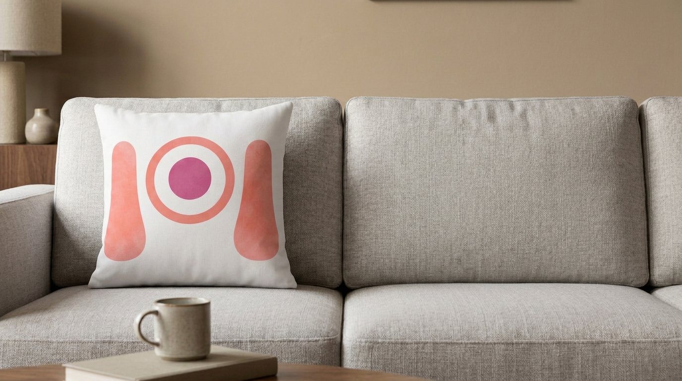 Back of the Zeøna pillow on the sofa: the focus target between the pink bands