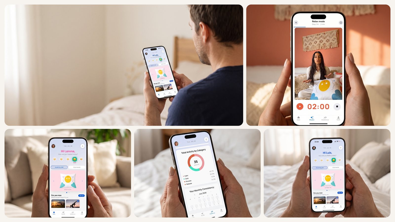 The Zeøna App in use: home screen, monthly statistics and guided session