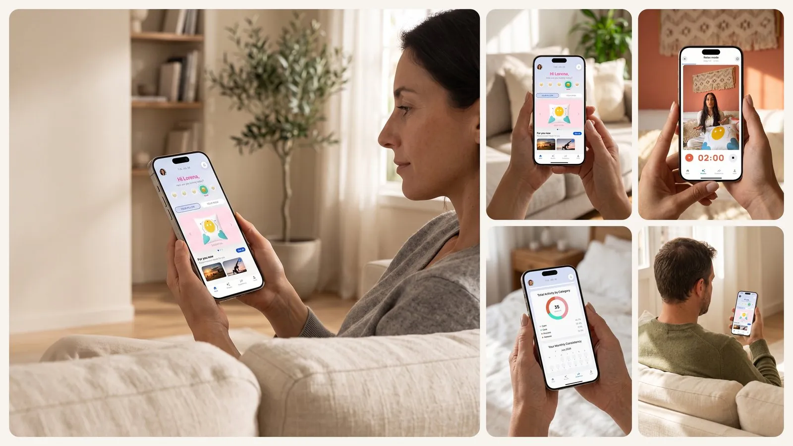 Woman using the Zeøna App on the sofa: mood log, guided session and statistics