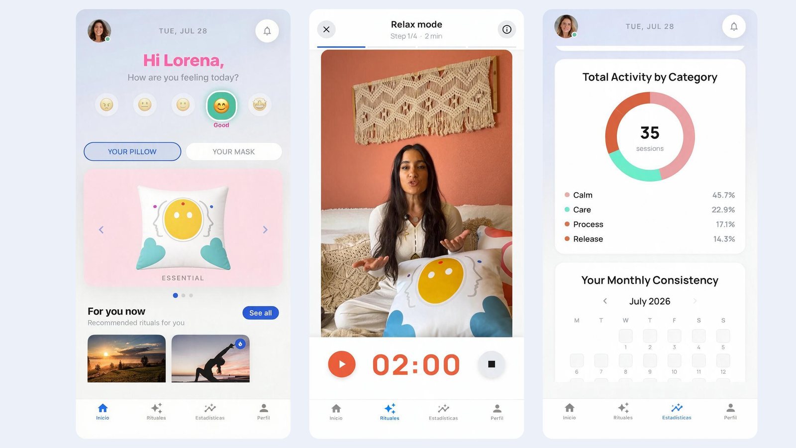 Zeøna App screens: home, guided session and statistics