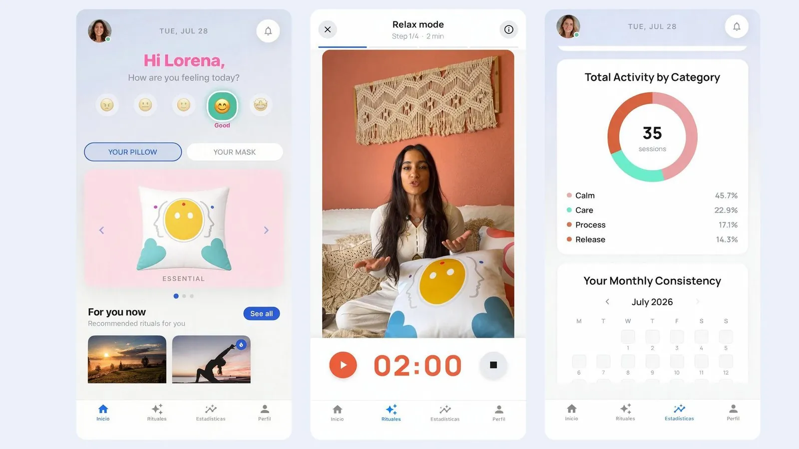 Three screens of the Zeøna App: mood log, guided session with timer and statistics by family
