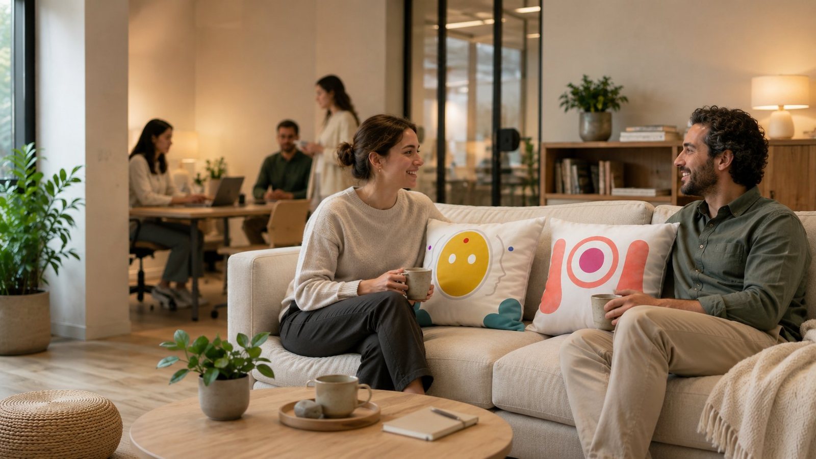 The Zeøna team chatting on the office sofa, with the Essential and Aura pillows