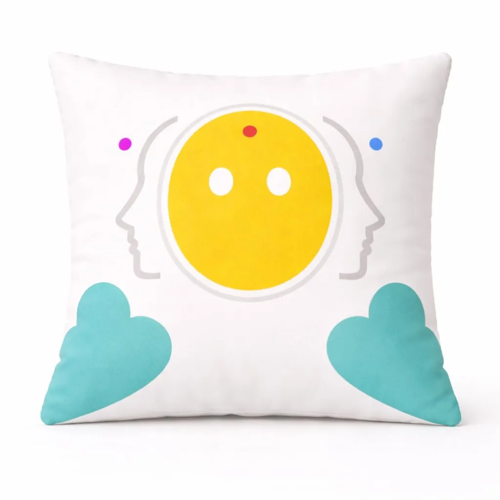 Zeøna Essential Pillow: yellow oval between two profiles and turquoise hearts