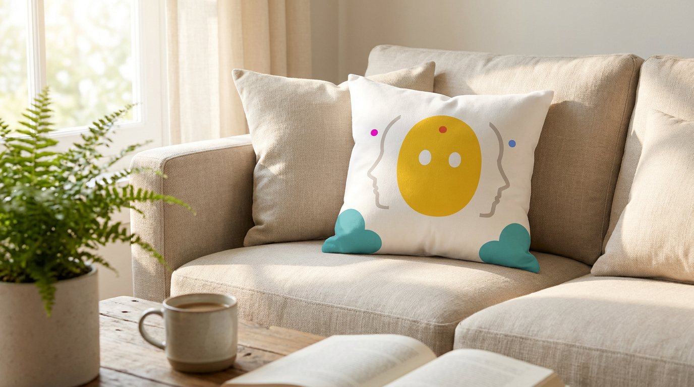 Zeøna Essential Pillow on a bright sofa next to a coffee